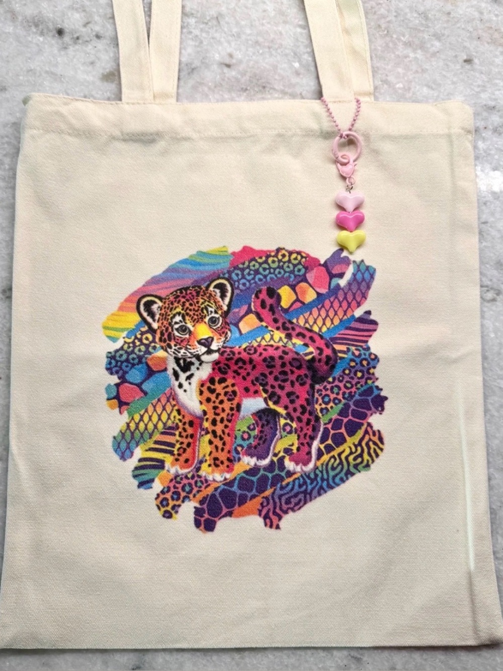 New Retro 80s 90s Style Colorful Leopard Shopping Tote Bag w/ Heart Charm - 15" - Picture 6 of 9
